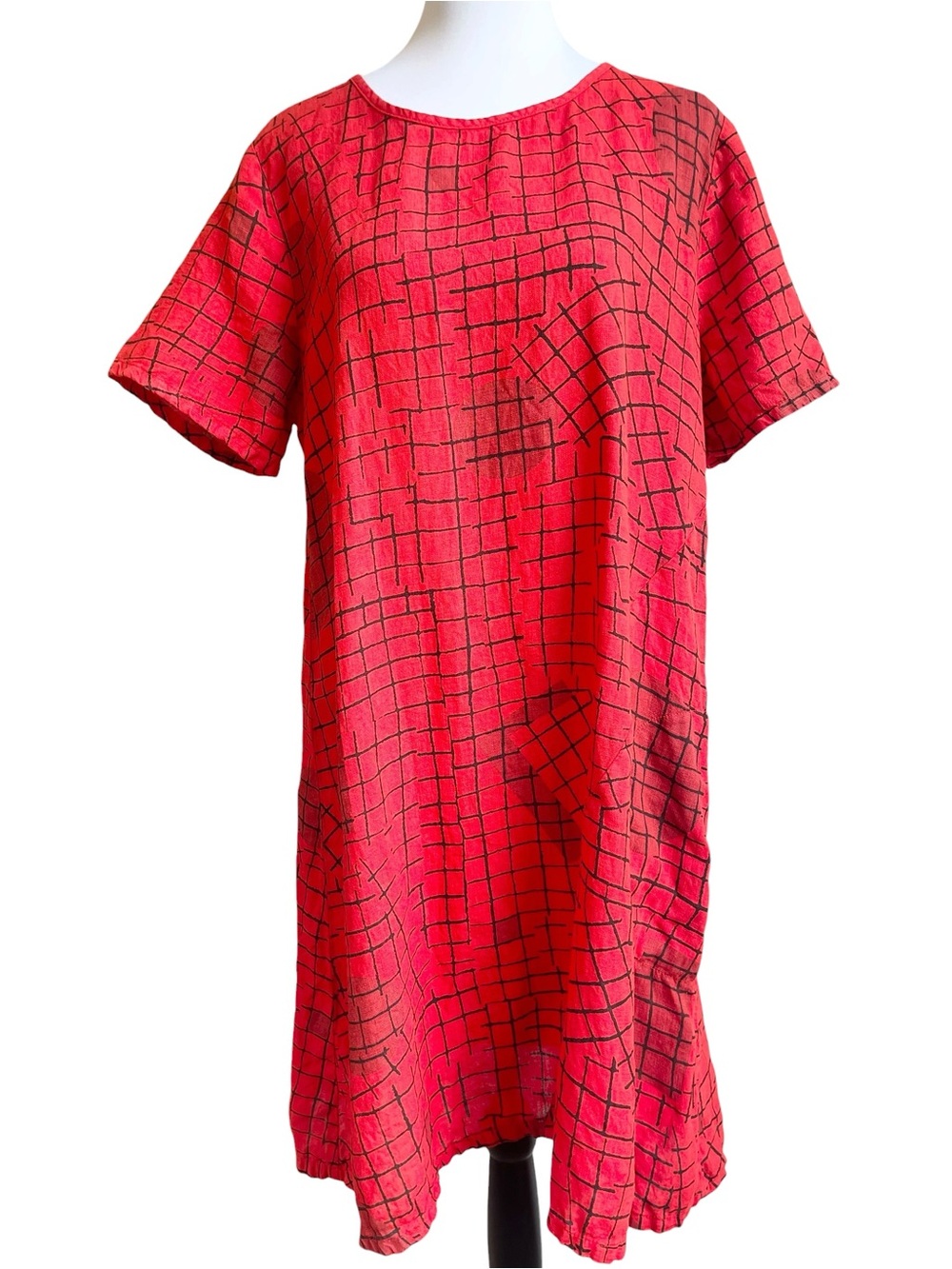 100% Linen Lagenlook Dress Red Side Pocket Size M